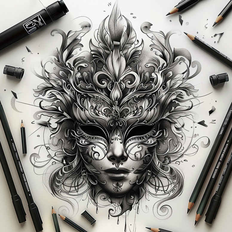 contoured-mask – tattoo design ideas free ai generated – realism-textured-skin – for-lower-back – Gallery: masks-inkby-ai