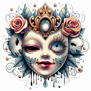 cultural-motif-mask – tattoo design ideas free ai generated – neotraditional-bold-texture – for-outer-arm – Gallery: masks-inkby-ai