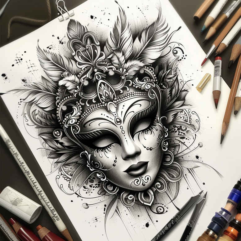 cultural-motif-mask – tattoo design ideas free ai generated – neotraditional-sharp-edges – for-inner-arm – Gallery: masks-inkby-ai