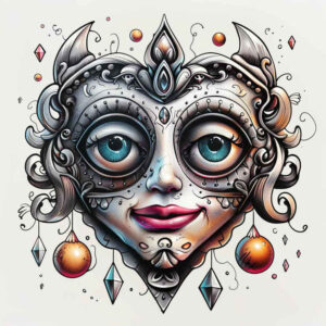 curved-lines-mask – tattoo design ideas free ai generated – neotraditional-color-saturation – for-arm – Gallery: masks-inkby-ai
