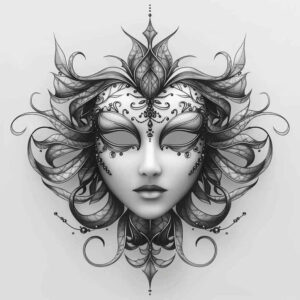 curved-lines-mask – tattoo design ideas free ai generated – neotraditional-defined-outlines – for-lower-arm – Gallery: masks-inkby-ai