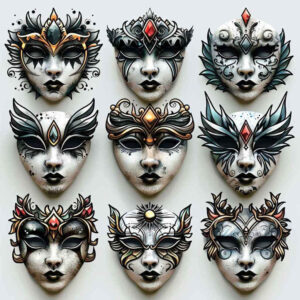 curved-lines-mask – tattoo design ideas free ai generated – realism-realistic-dimension – for-back – Gallery: masks-inkby-ai