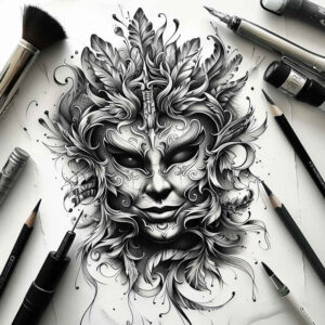 curved-lines-mask – tattoo design ideas free ai generated – realism-realistic-shadowing – for-hip – Gallery: masks-inkby-ai