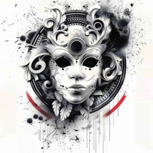 detailed-mask – tattoo design ideas free ai generated – neotraditional-contrasting-colors – for-knee – Gallery: masks-inkby-ai