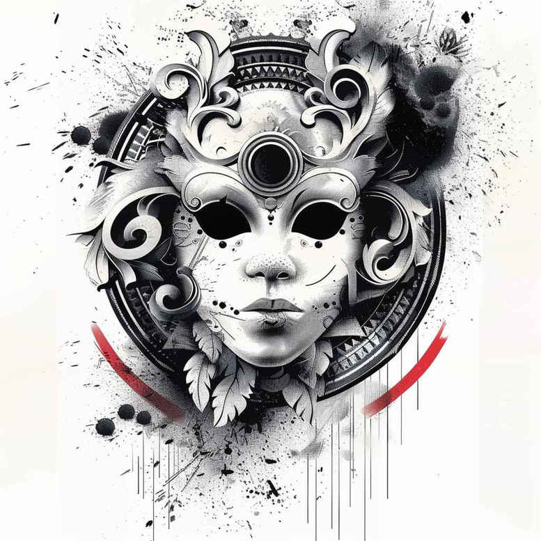 detailed-mask – tattoo design ideas free ai generated – neotraditional-contrasting-colors – for-knee – Gallery: masks-inkby-ai