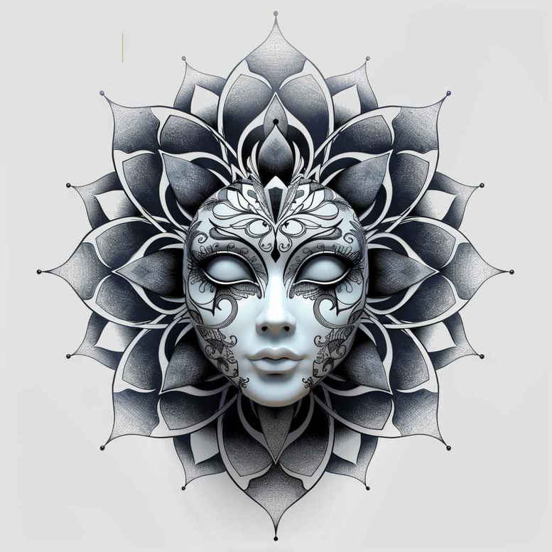 detailed-mask – tattoo design ideas free ai generated – neotraditional-dynamic-linework – for-thigh – Gallery: masks-inkby-ai