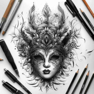detailed-mask – tattoo design ideas free ai generated – neotraditional-layered-fill – for-back-shoulder – Gallery: masks-inkby-ai