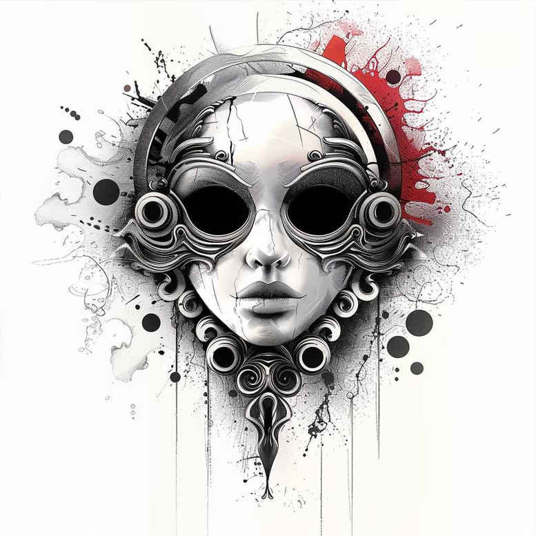 detailed-mask – tattoo design ideas free ai generated – realism-real-life-shading – for-outer-arm – Gallery: masks-inkby-ai