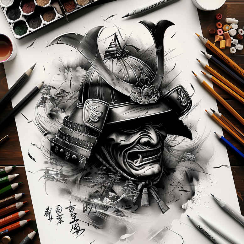 emotional-mask – tattoo design ideas free ai generated – neotraditional-artistic-contrast – for-side-torso – Gallery: masks-inkby-ai