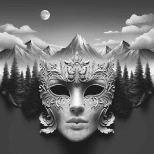 emotional-mask – tattoo design ideas free ai generated – neotraditional-expressive-lines – for-upper-thigh – Gallery: masks-inkby-ai