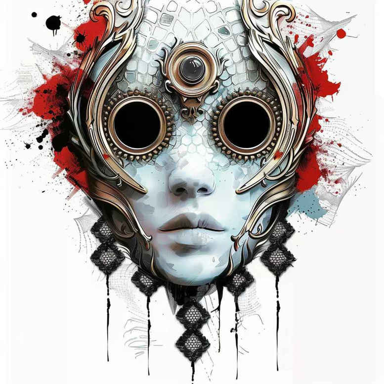 emotional-mask – tattoo design ideas free ai generated – realism-shadow-realism – for-behind-ear – Gallery: masks-inkby-ai