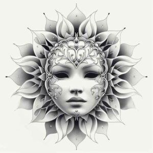 emotional-mask – tattoo design ideas free ai generated – surrealism-hallucinatory – for-upper-arm – Gallery: masks-inkby-ai