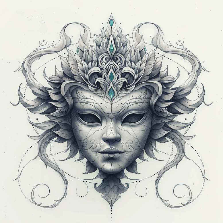 emotional-mask – tattoo design ideas free ai generated – surrealism-timeless – for-scapula – Gallery: masks-inkby-ai