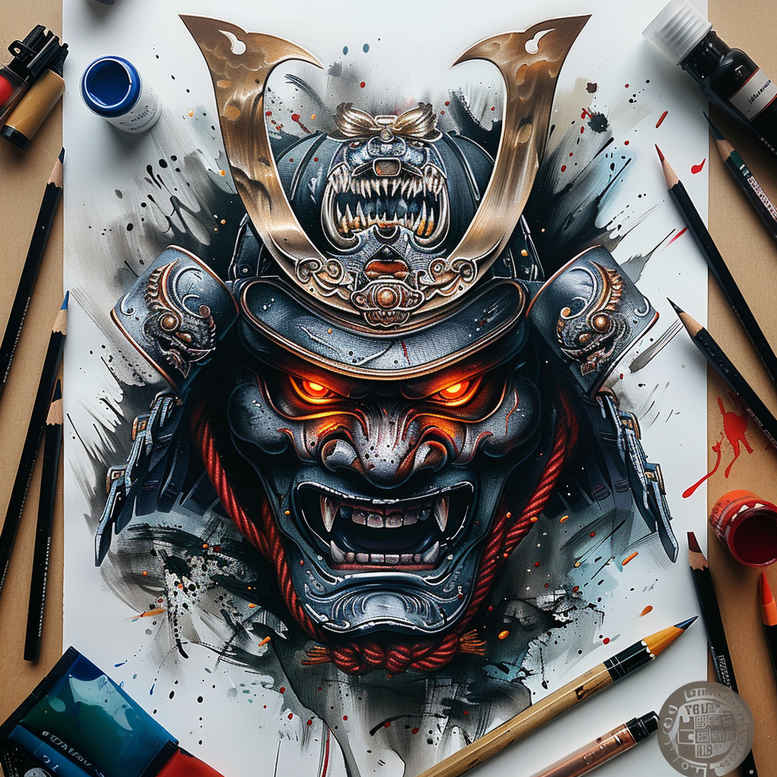 energetic-mask – tattoo design ideas free ai generated – neotraditional-artistic-contrast – for-abdomen – Gallery: masks-inkby-ai