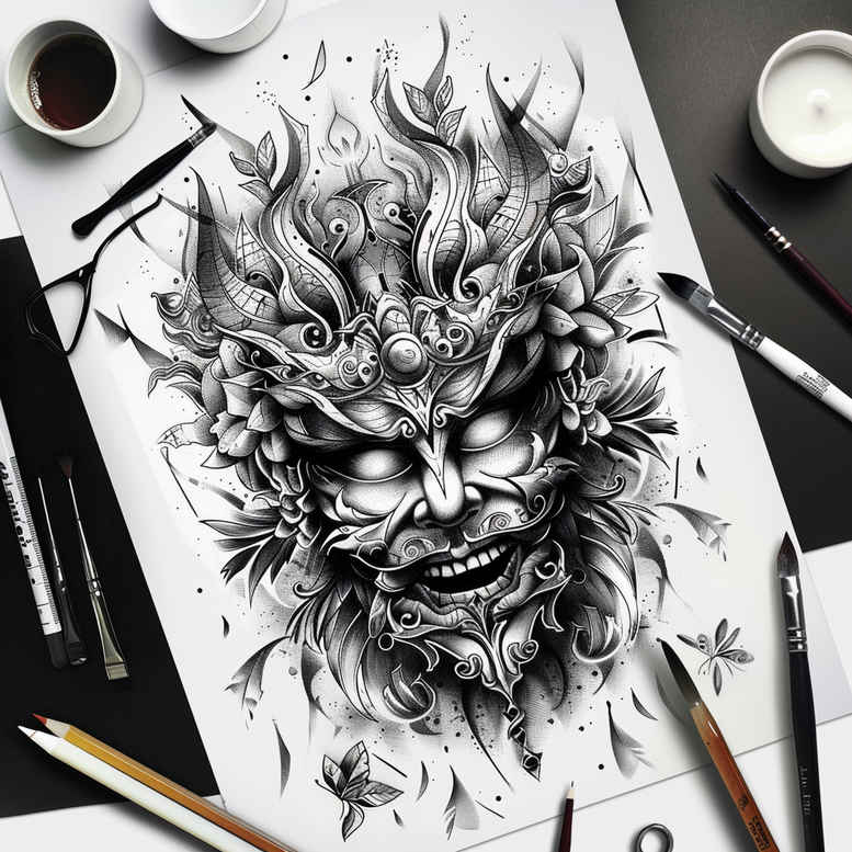 energetic-mask – tattoo design ideas free ai generated – neotraditional-bold-highlights – for-nape – Gallery: masks-inkby-ai