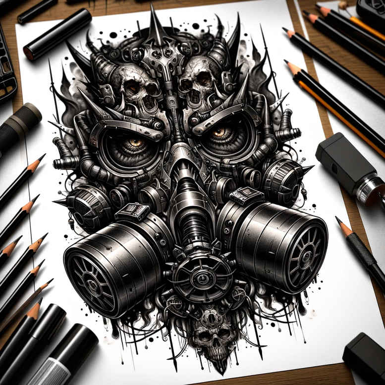 energetic-mask – tattoo design ideas free ai generated – realism-realistic-contrast – for-shin – Gallery: masks-inkby-ai