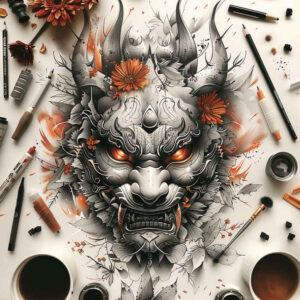 expressive-mask – tattoo design ideas free ai generated – neotraditional-clean-fill – for-full-back – Gallery: masks-inkby-ai