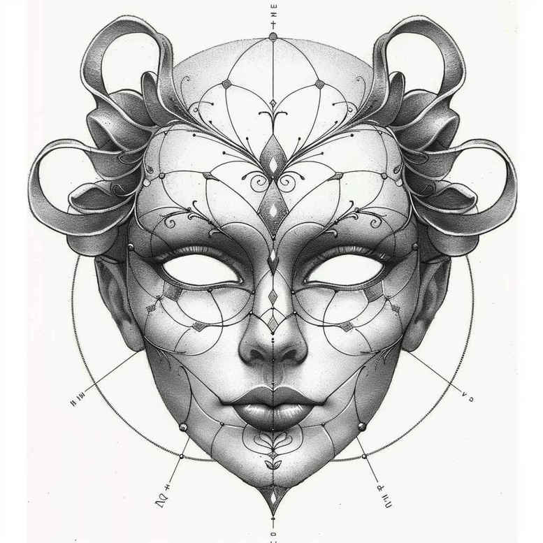 expressive-mask – tattoo design ideas free ai generated – neotraditional-clean-fill – for-spine – Gallery: masks-inkby-ai