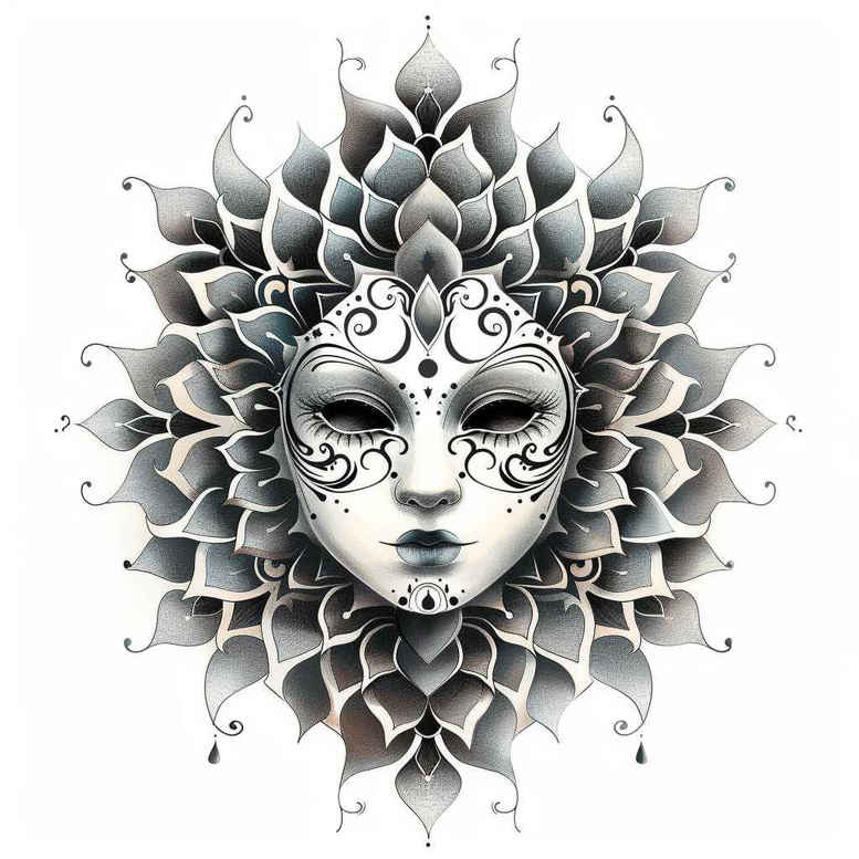 expressive-mask – tattoo design ideas free ai generated – neotraditional-vivid-detail – for-upper-chest – Gallery: masks-inkby-ai