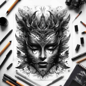 expressive-mask – tattoo design ideas free ai generated – surrealism-esoteric-symbolism – for-shoulder – Gallery: masks-inkby-ai