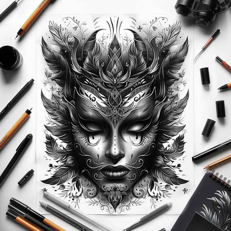 expressive-mask – tattoo design ideas free ai generated – surrealism-esoteric-symbolism – for-shoulder – Gallery: masks-inkby-ai