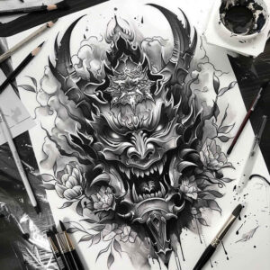 expressive-mask – tattoo design ideas free ai generated – surrealism-spectral-hues – for-knee – Gallery: masks-inkby-ai