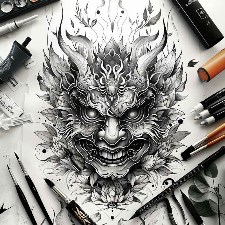 eyes-mask-for-men – tattoo design ideas free ai generated – neotraditional-expressive-color – for-chest – Gallery: masks-inkby-ai