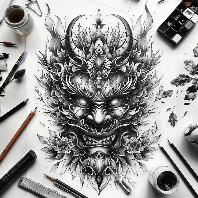 eyes-mask-for-men – tattoo design ideas free ai generated – neotraditional-layered-fill – for-foot – Gallery: masks-inkby-ai