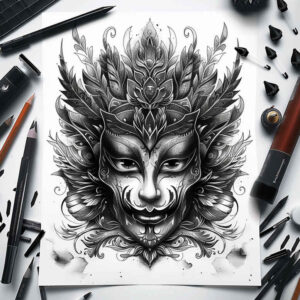 feathered-mask – tattoo design ideas free ai generated – neotraditional-color-richness – for-fingers – Gallery: masks-inkby-ai