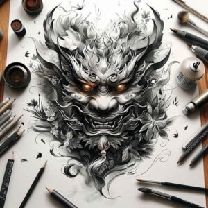 feathered-mask – tattoo design ideas free ai generated – neotraditional-layered-fill – for-spine – Gallery: masks-inkby-ai