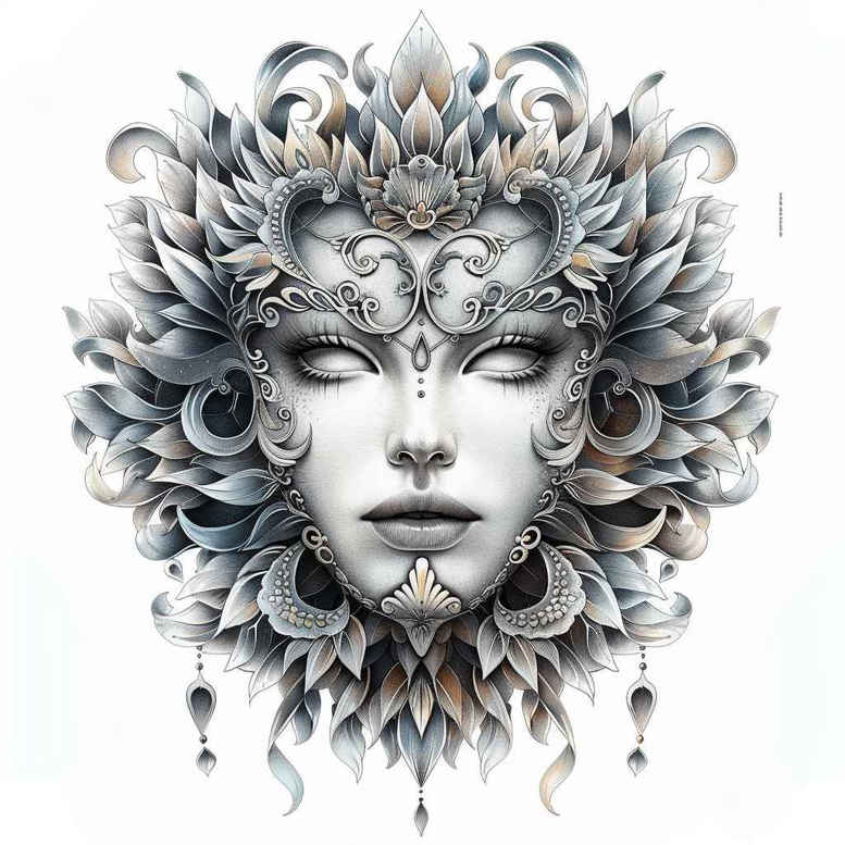feathered-mask – tattoo design ideas free ai generated – neotraditional-subtle-tone – for-knee – Gallery: masks-inkby-ai