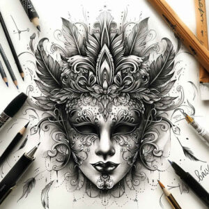 feathered-mask – tattoo design ideas free ai generated – realism-realistic-color – for-foot – Gallery: masks-inkby-ai