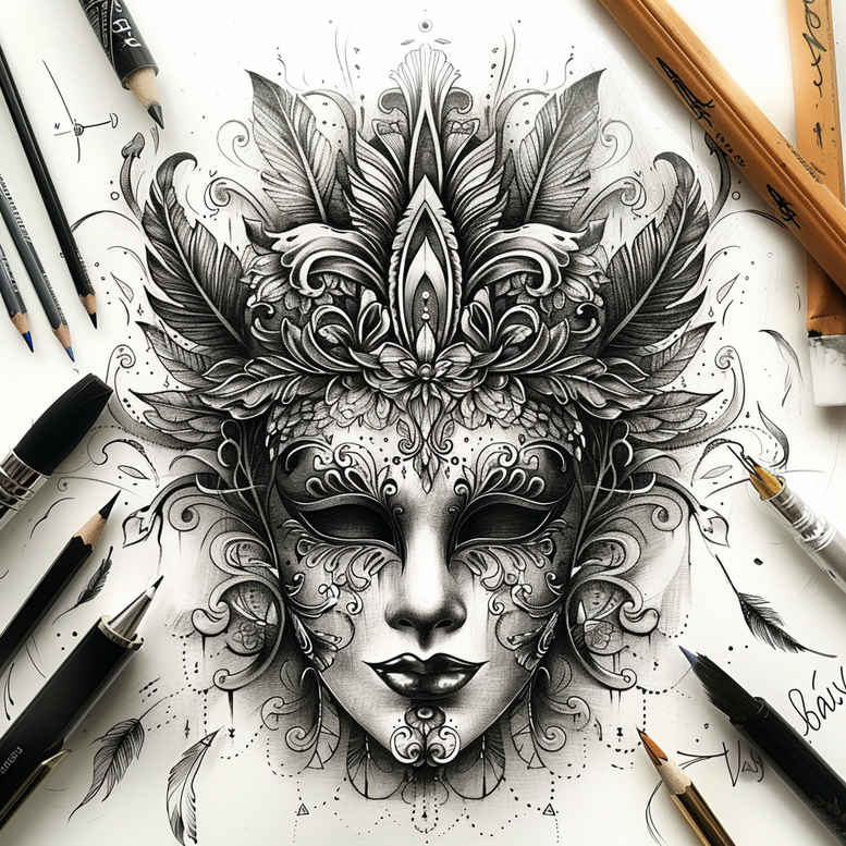 feathered-mask – tattoo design ideas free ai generated – realism-realistic-color – for-foot – Gallery: masks-inkby-ai
