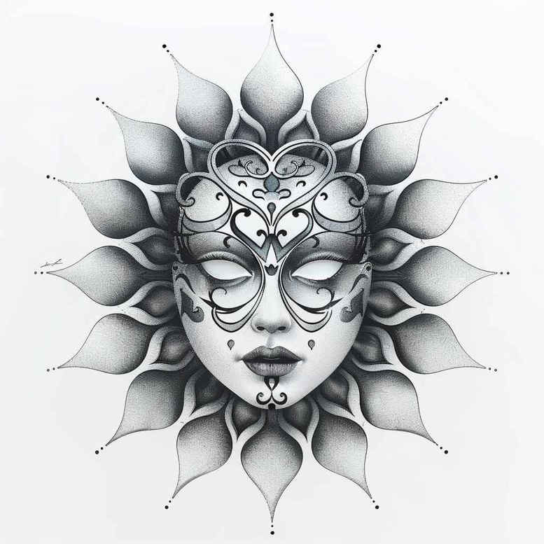 fine-line-mask – tattoo design ideas free ai generated – surrealism-dreamlike – for-thigh – Gallery: masks-inkby-ai
