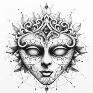 floral-mask – tattoo design ideas free ai generated – neotraditional-artistic-shading – for-behind-ear – Gallery: masks-inkby-ai