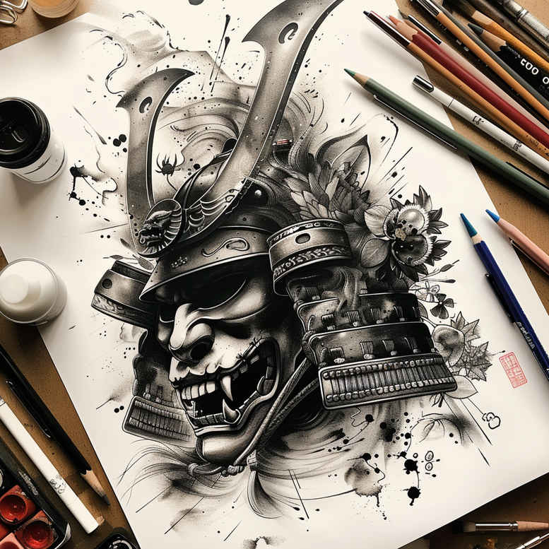 floral-mask – tattoo design ideas free ai generated – neotraditional-clean-fill – for-palm – Gallery: masks-inkby-ai