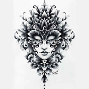 floral-mask – tattoo design ideas free ai generated – neotraditional-enhanced-shading – for-calf – Gallery: masks-inkby-ai