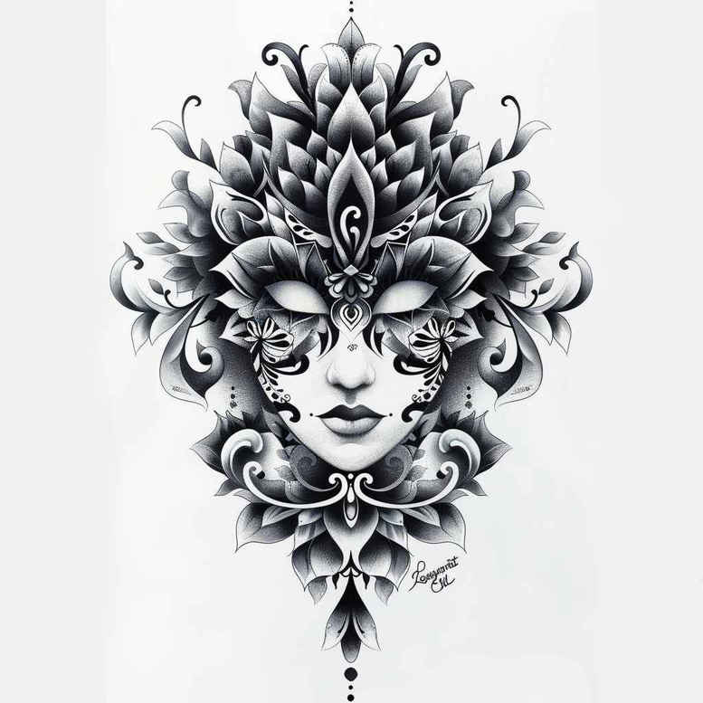 floral-mask – tattoo design ideas free ai generated – neotraditional-enhanced-shading – for-calf – Gallery: masks-inkby-ai