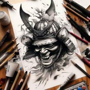frilled-mask – tattoo design ideas free ai generated – neotraditional-dynamic-color – for-elbow – Gallery: masks-inkby-ai