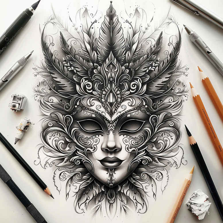 frilled-mask – tattoo design ideas free ai generated – realism-light-play – for-wrist – Gallery: masks-inkby-ai