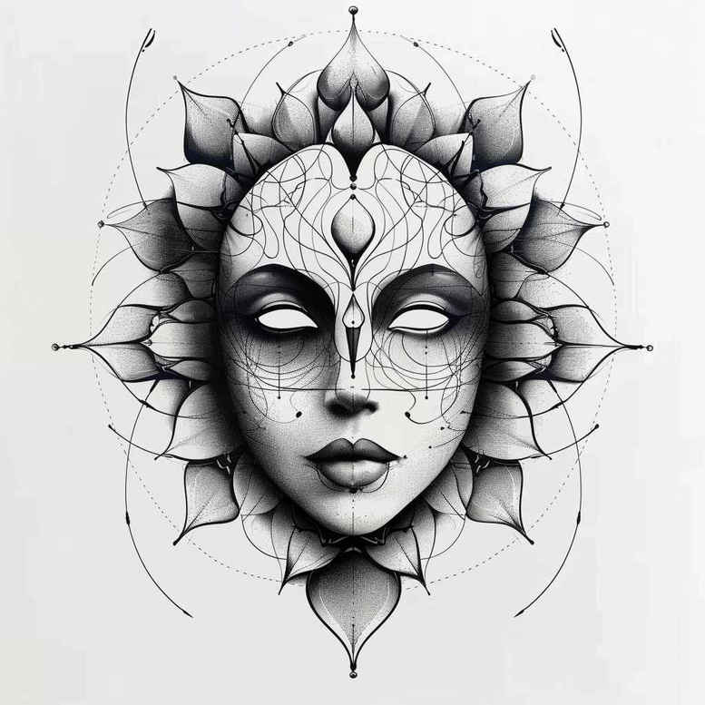 frilled-mask – tattoo design ideas free ai generated – realism-natural-blush – for-lower-thigh – Gallery: masks-inkby-ai