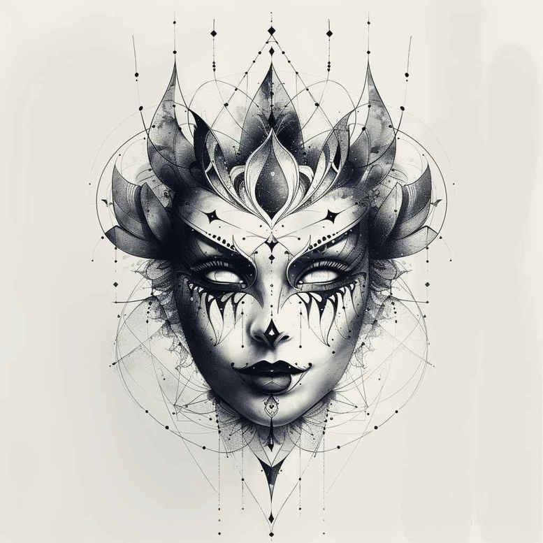 frilled-mask – tattoo design ideas free ai generated – realism-precise-anatomy – for-nape – Gallery: masks-inkby-ai