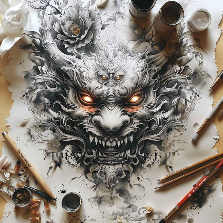 frilled-mask – tattoo design ideas free ai generated – realism-refined-lines – for-calf – Gallery: masks-inkby-ai