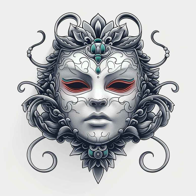 frilled-mask – tattoo design ideas free ai generated – surrealism-esoteric-symbolism – for-nape – Gallery: masks-inkby-ai