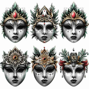 geometric-mask – tattoo design ideas free ai generated – neotraditional-bold-color – for-collarbone – Gallery: masks-inkby-ai
