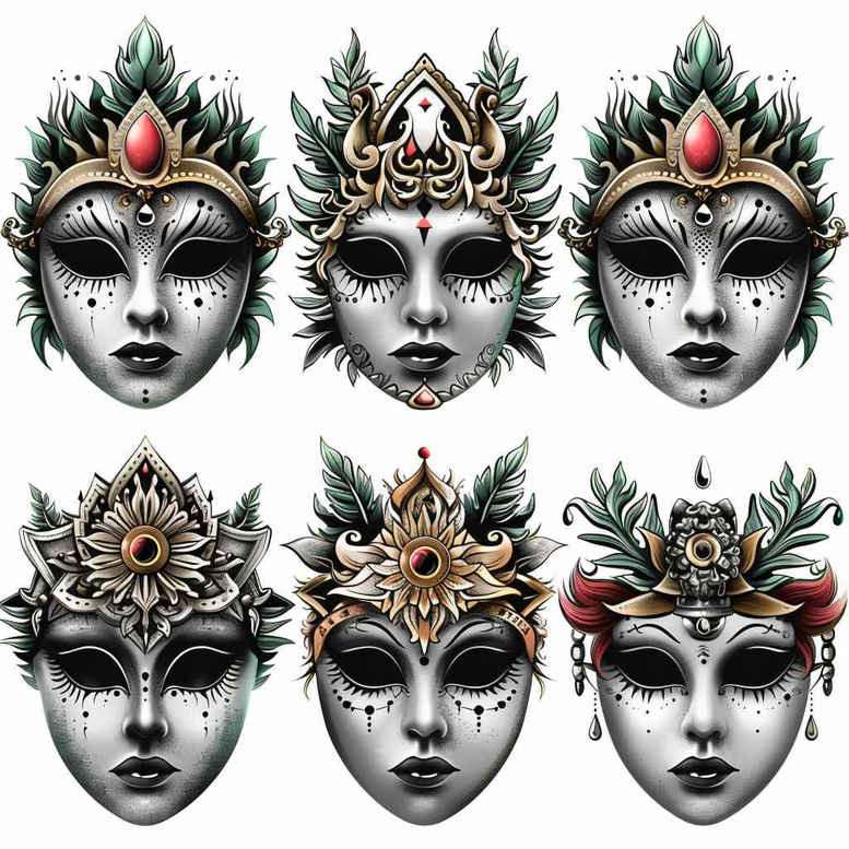 geometric-mask – tattoo design ideas free ai generated – neotraditional-bold-color – for-collarbone – Gallery: masks-inkby-ai