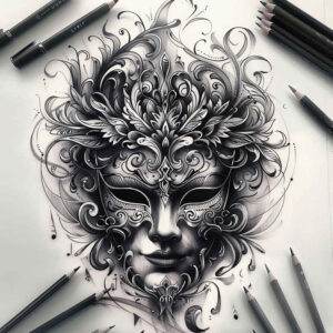 geometric-mask – tattoo design ideas free ai generated – realism-clean-whites – for-side-torso – Gallery: masks-inkby-ai