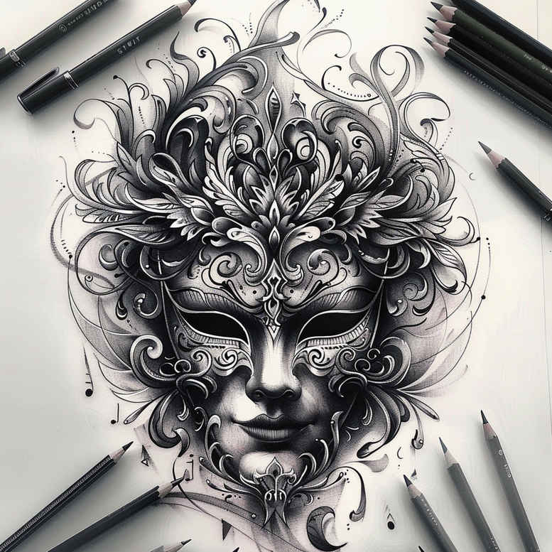 geometric-mask – tattoo design ideas free ai generated – realism-clean-whites – for-side-torso – Gallery: masks-inkby-ai