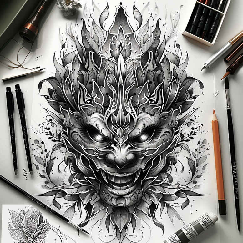 geometric-pattern-mask – tattoo design ideas free ai generated – neotraditional-artistic-contrast – for-abdomen – Gallery: masks-inkby-ai