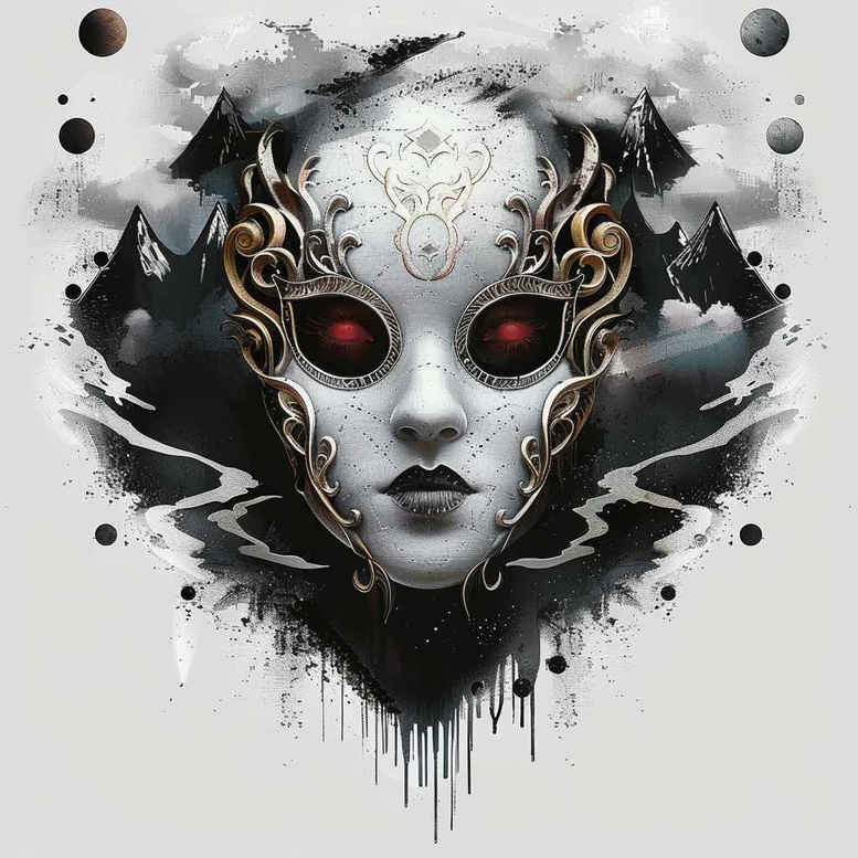 geometric-pattern-mask – tattoo design ideas free ai generated – neotraditional-bold-texture – for-outer-arm – Gallery: masks-inkby-ai